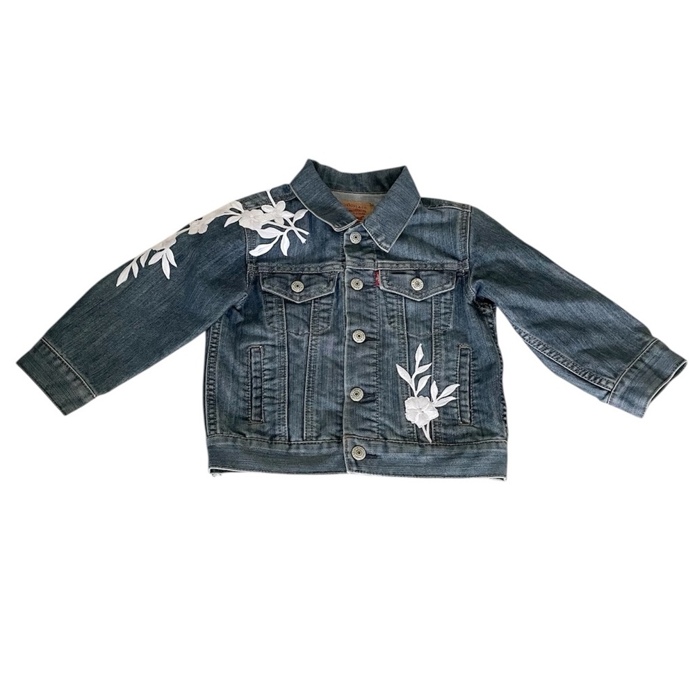 Levi Kids Denim Jean Jacket with White Floral Embroidered Design Girl’s 3T